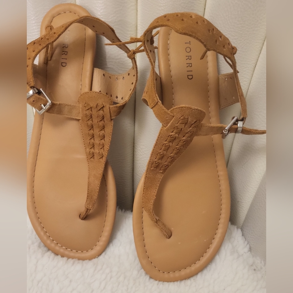 Torrid Women's Brown Suede Tassel Comfort T-Strap Sandals. Size 11.5